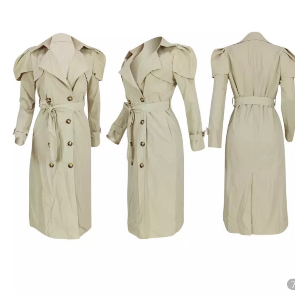 Khaki Double Breasted Classic Women Trench Coat Elegant Long Puff Sleeve